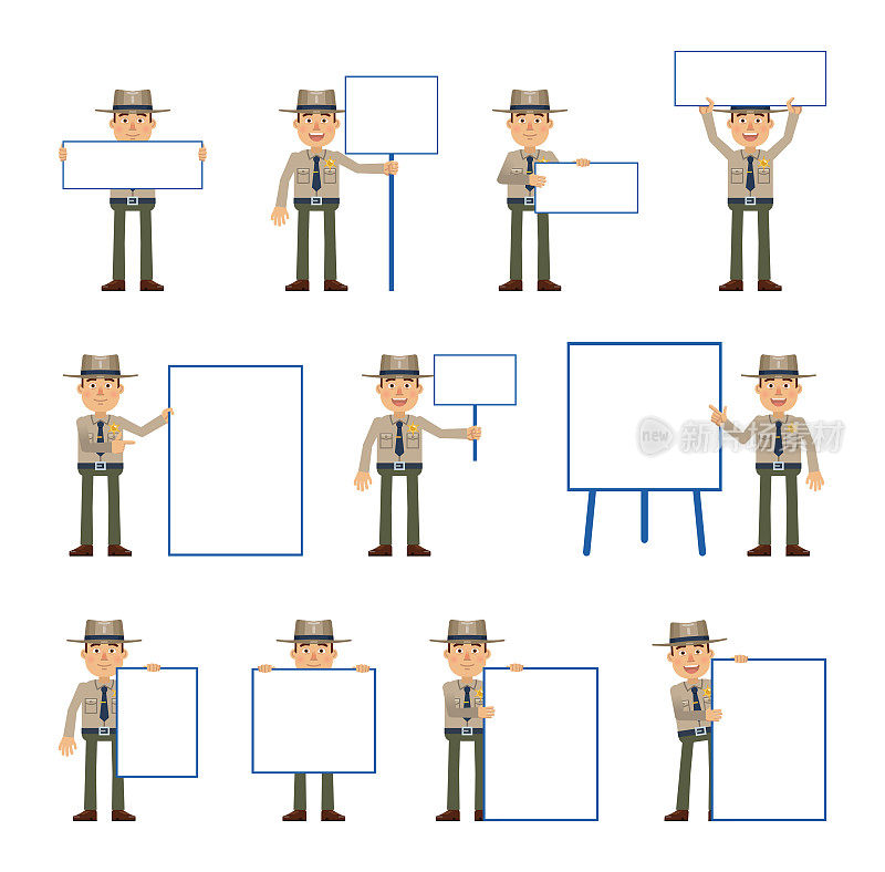 Big set of sheriff characters posing with different blank banners. Cheerful policeman holding paper, poster, placard, pointing to whiteboard. Teach, advertise, promote